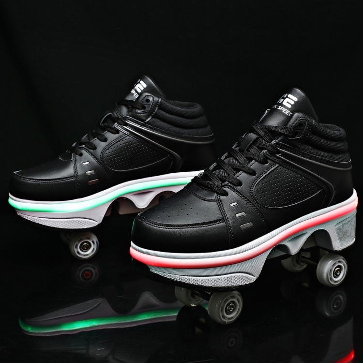 

Walkable and Slippery Four-Wheel Roller Skates Shoes Wheel Shoes Colorful Luminous Heelys, Size: 42(Black)