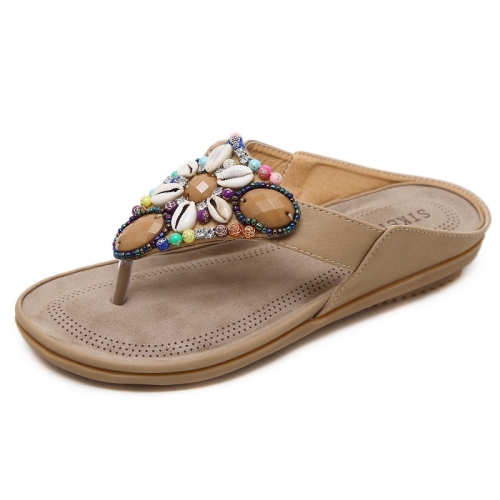 

Ladies Summer Bohemian Sandals Seaside Retro Beaded Shell Slippers, Size: 39(Apricot)