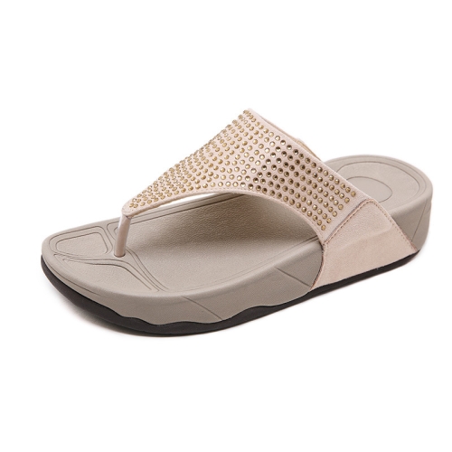 

Women Casual Slippers Wedge Heel Rhinestone Platform Flip Fops, Size: 37(Apricot)