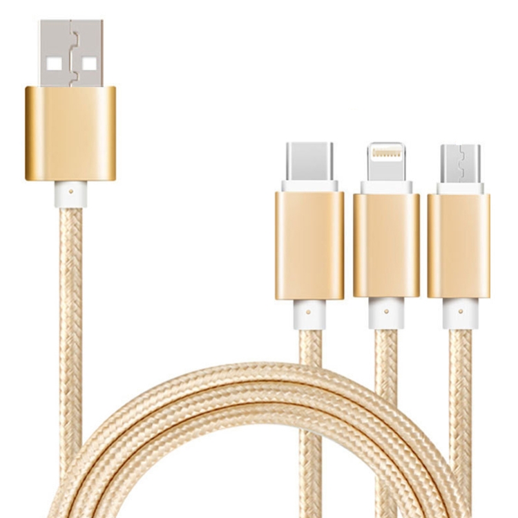 

5 PCS 2A 3 In 1 USB To USB-C / Type-C + 8 Pin + Micro USB Braided Data Cable(Golden)