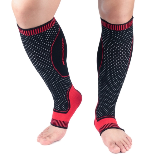 

A Pair Lengthened Sports Protective Calf Cover Knitted Breathable Pressure Leg Cover Basketball Football Mountaineering Protective Gear, Specification: L (Black Red)