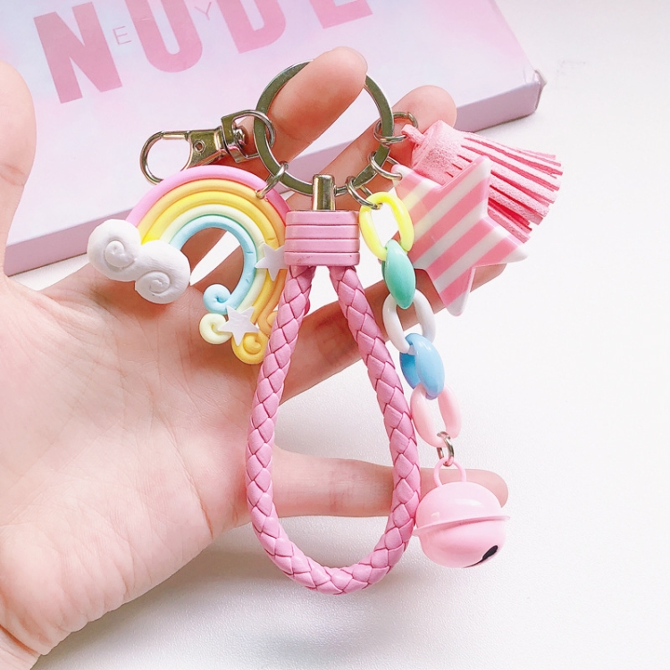 

4 PCS Cute Soft Clay Rainbow Keychain Student Schoolbag Lollipop Pendant, Colour: Pink Rope Rainbow