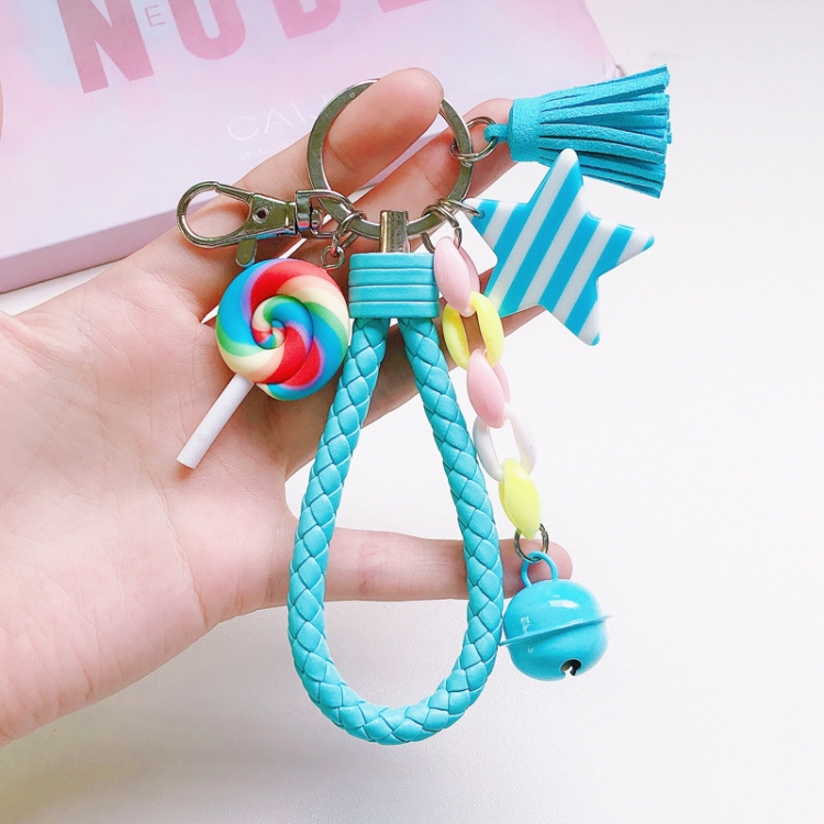

4 PCS Cute Soft Clay Rainbow Keychain Student Schoolbag Lollipop Pendant, Colour: Blue Rope Lollipop
