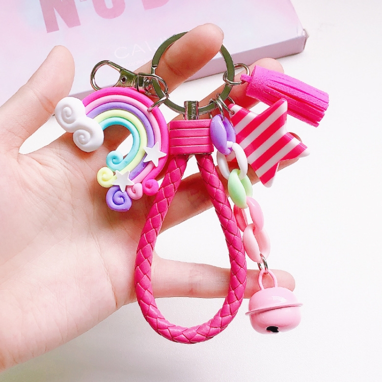 

4 PCS Cute Soft Clay Rainbow Keychain Student Schoolbag Lollipop Pendant, Colour: Rose Rope Rainbow