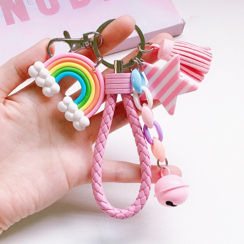 

4 PCS Cute Soft Clay Rainbow Keychain Student Schoolbag Lollipop Pendant, Colour: Pink Rope Cloud