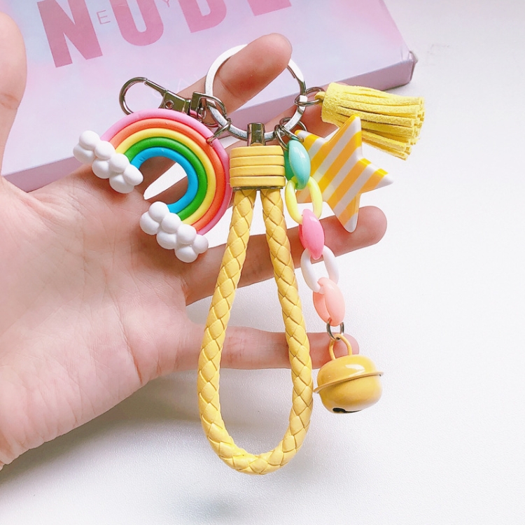 

4 PCS Cute Soft Clay Rainbow Keychain Student Schoolbag Lollipop Pendant, Colour: Yellow Rope Cloud
