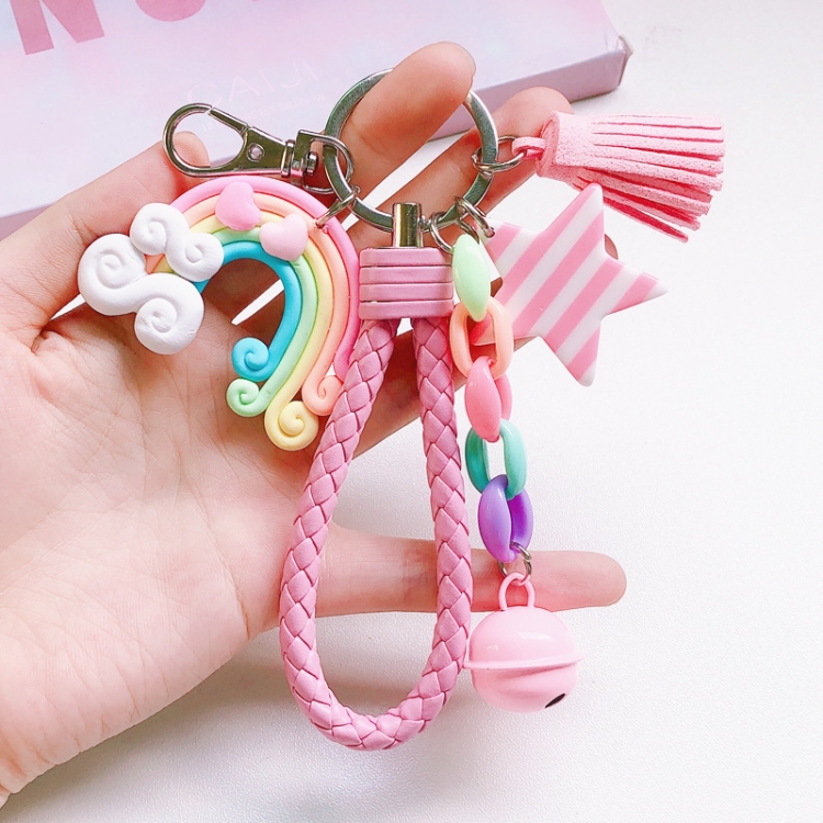 

4 PCS Cute Soft Clay Rainbow Keychain Student Schoolbag Lollipop Pendant, Colour: Powder Rope Love Rainbow