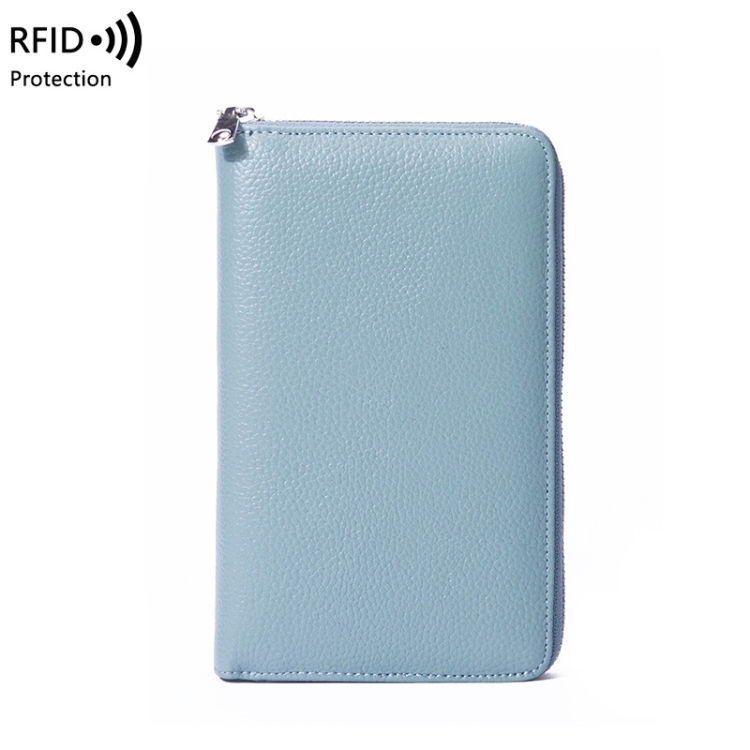 

1659 Leather Belly Passport Bag RFID Long Wallet Men And Women Documents Package Multi-Function Zipper Mobile Phone Package(Linen Blue)