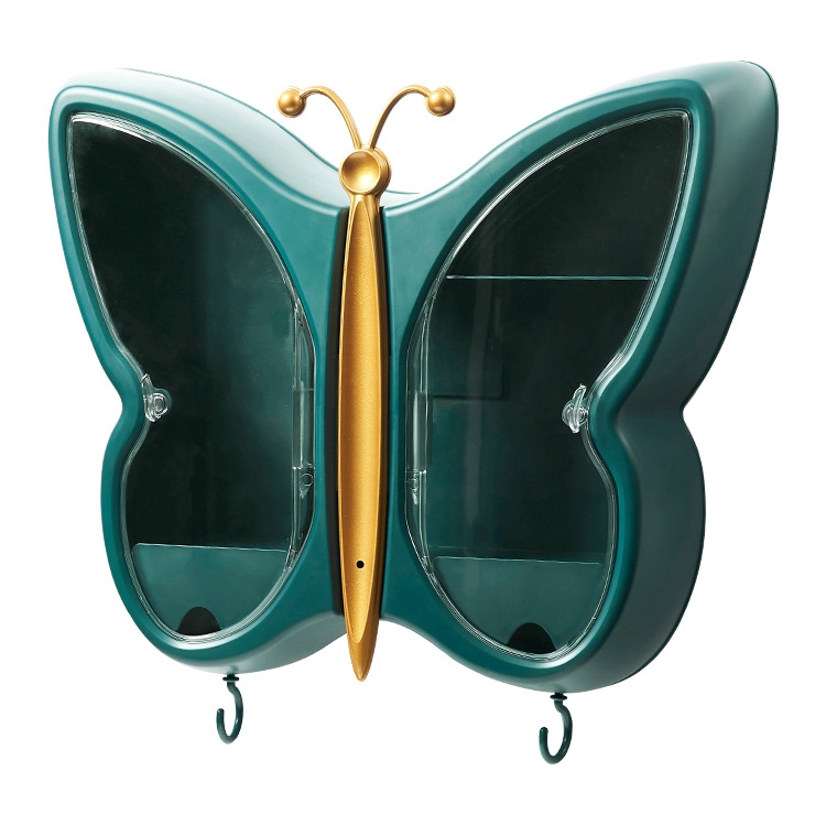 

Butterfly Shape Cosmetic Storage Box Wall Hanging Dust-Proof Bathroom Rack(Peacock Green)