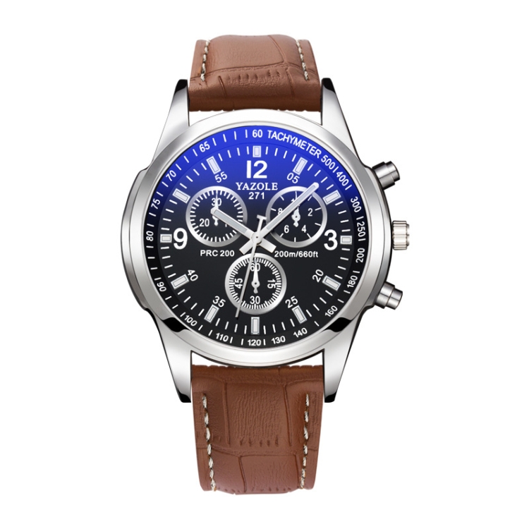 

YAZOLE 271 Three-Eye Six-Hand Watch Men Auartz Watch Waterproof Business Watch(Black Tray Light Brown Belt)