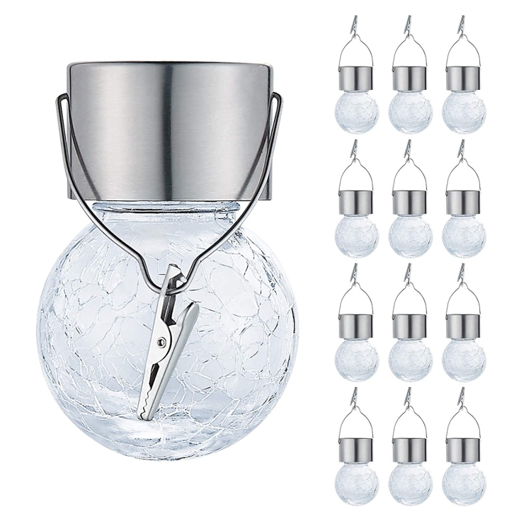 

12 PCS Crackle Ball Solar Chandelier Outdoor Garden Courtyard Holiday Decoration Light With Clip(White Light )