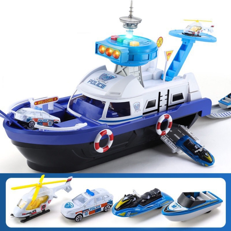 

Children Education Boat Toy Storage Parking Lot Ship with Light and Sound Function, Style: Police - 3 Cars+1 Aircraft