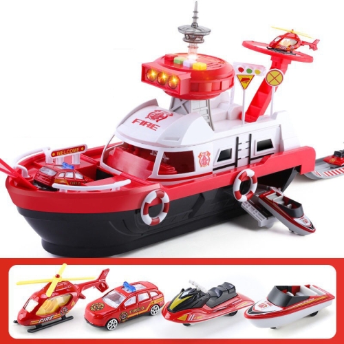 

Children Education Boat Toy Storage Parking Lot Ship with Light and Sound Function, Style: Fire - 3 Cars+1 Aircraft