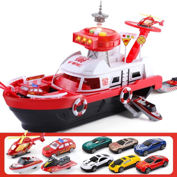 

Children Education Boat Toy Storage Parking Lot Ship with Light and Sound Function, Style: Fire - 9 Cars+1 Aircraft