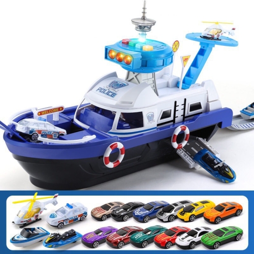 

Children Education Boat Toy Storage Parking Lot Ship with Light and Sound Function, Style: Police - 15 Cars+1 Aircraft