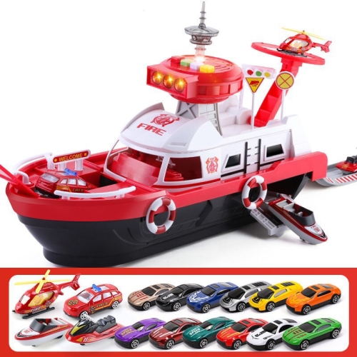 

Children Education Boat Toy Storage Parking Lot Ship with Light and Sound Function, Style: Fire - 15 Cars+1 Aircraft