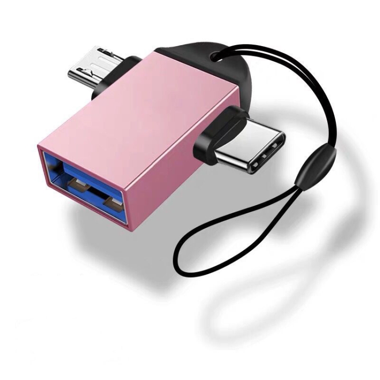 

10 PCS LI-09 USB 3.0 Female to USB-C / Type-C + Micro USB Male Multi-Function OTG Adapter with Lanyard(Rose Gold)