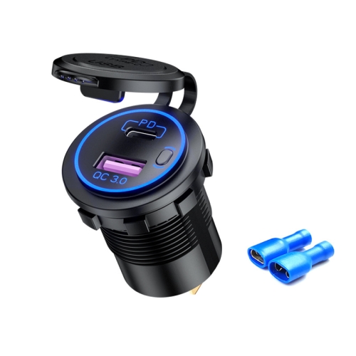 

Car Motorcycle Ship Modified USB Charger Waterproof PD + QC3.0 Fast Charge, Model: Blue Light With Terminal