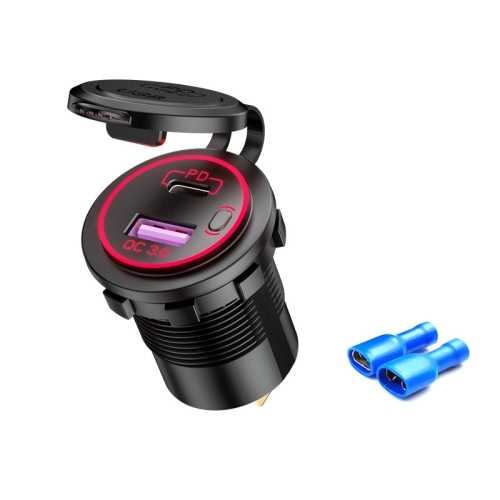 

Car Motorcycle Ship Modified USB Charger Waterproof PD + QC3.0 Fast Charge, Model: Red Light With Terminal
