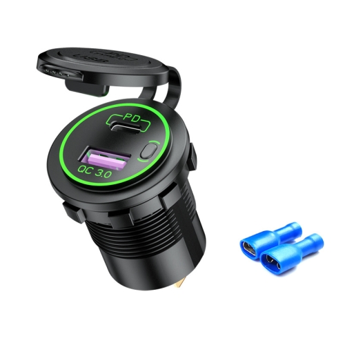 

Car Motorcycle Ship Modified USB Charger Waterproof PD + QC3.0 Fast Charge, Model: Green Light With Terminal