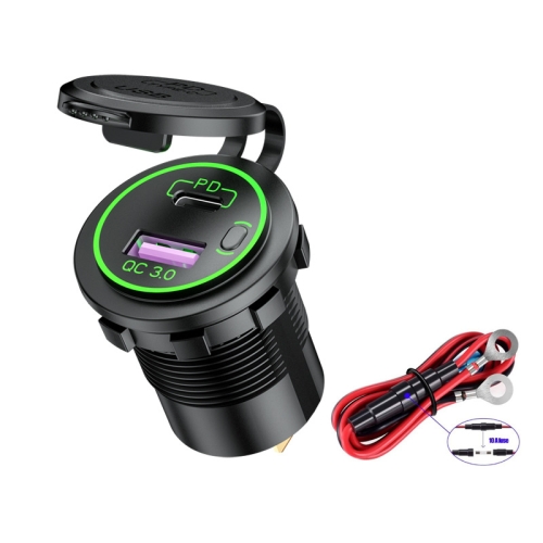 

Car Motorcycle Ship Modified USB Charger Waterproof PD + QC3.0 Fast Charge, Model: Green Light With 60cm Line