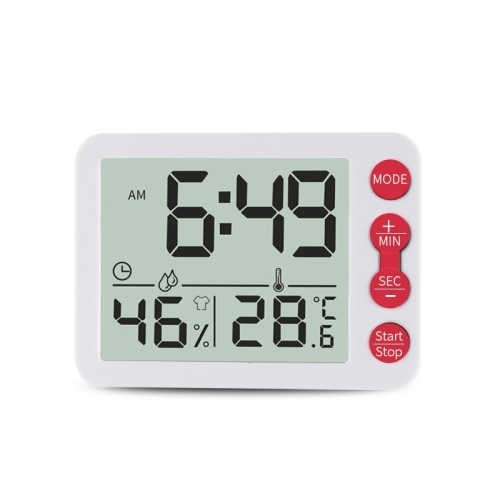 

Multifunctional Indoor Thermometer And Hygrometer Large Screen Alarm Clock Kitchen Electronic Countdown Timer(White Shell Red Button)