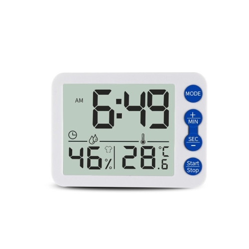 

Multifunctional Indoor Thermometer And Hygrometer Large Screen Alarm Clock Kitchen Electronic Countdown Timer(White Shell Blue Button)