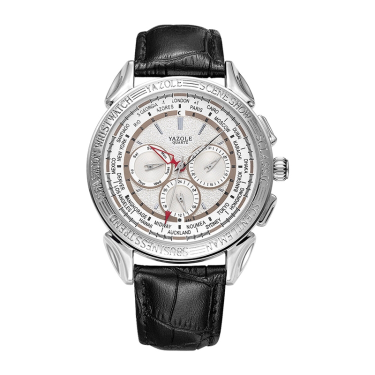 

YAZOLE 444 Three-Eye Six-pin Men Watch Fashion Sports Quartz Watch(Silver Shell White Tray Black Belt)