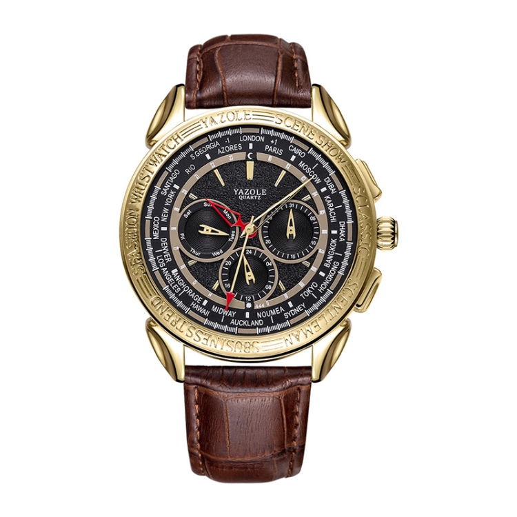 

YAZOLE 444 Three-Eye Six-pin Men Watch Fashion Sports Quartz Watch(Gold Shell Black Tray Dark Brown Belt)