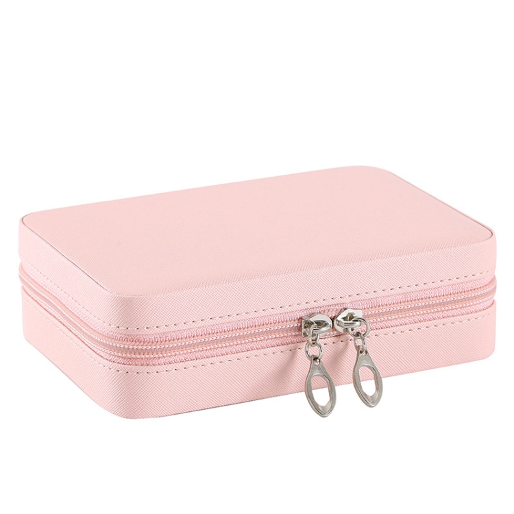 

PU Leather Simple Portable Zipper Jewelry Box With Makeup Mirror(Pink)