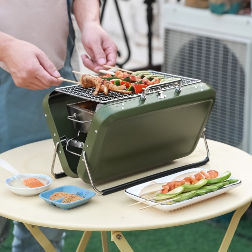 

Outdoor Portable Luggage Type Barbecue Grill Household Stainless Steel Folding Grill(Army Green)