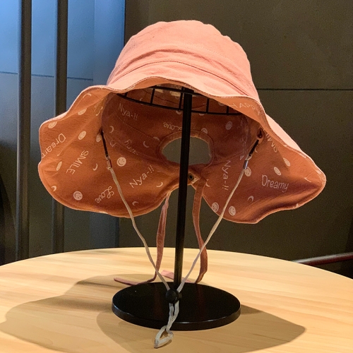 

Double-Sided Large-Brimmed Sunhat With Letter Smiley Face And Split Strap Fisherman Hat, Size: Free Size(Bean Sand Red)