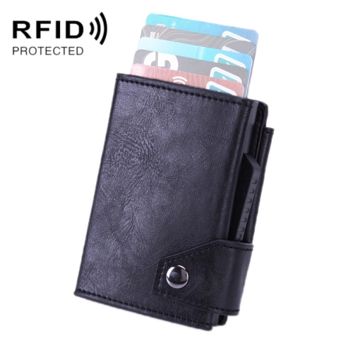 

Anti-Theft Aluminum Alloy Coin Purse RFID Anti-Degaussing Automatic Pop-Up PU Bank Card Bag(Mad Horse Black)