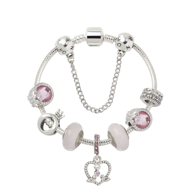 

SL85 Colored Glaze Large Hole Bead Bracelet Alloy Pink Series Love Bird Pendant Bracelet,Size: 20cm