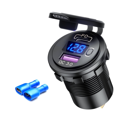 

12V Modified Car USB Charger With Voltage Display PD QC3.0 Socket(Blue Light)