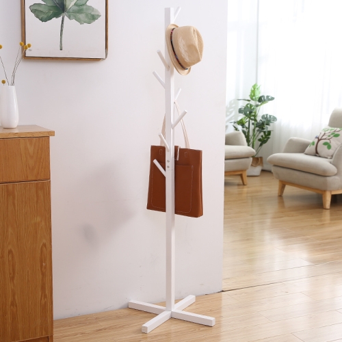 

Solid Wood Floor Coat Rack Living Room Bedroom Clothes Organizing Storage Rack(White)