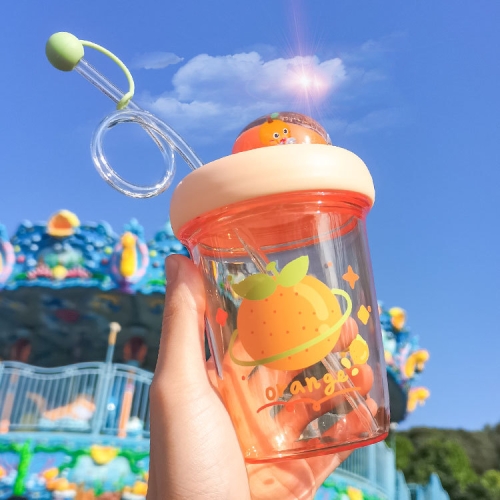 

MTUTU Fruit Landscape Rotary Cup Straw Cup Fun Children Water Cup, Capacity: 390ml(Sweet Orange)