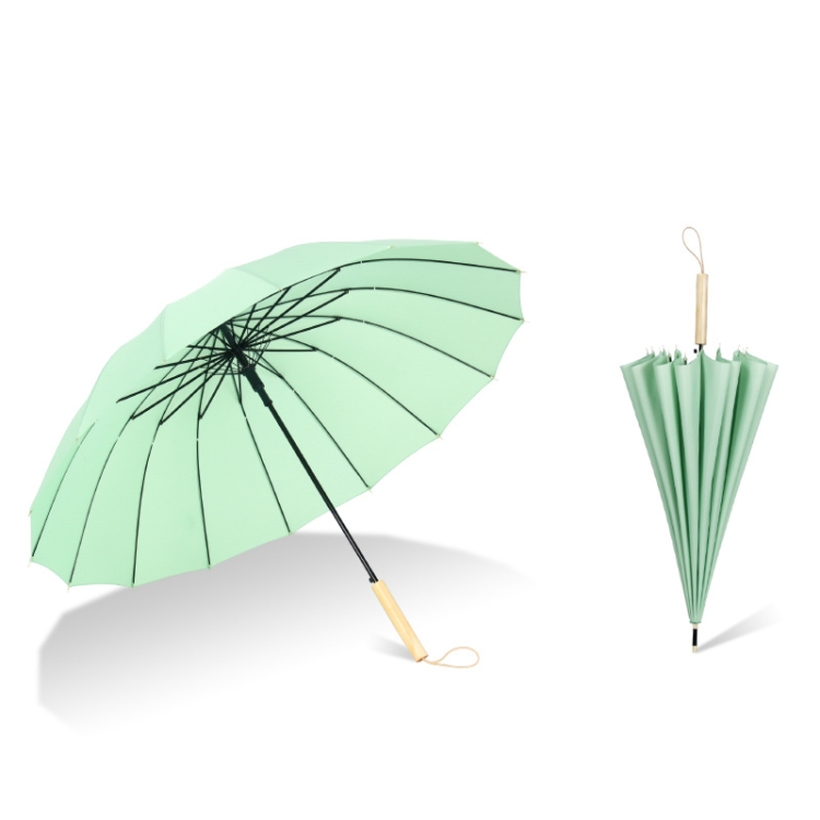 

16 Bone Plain Straight Umbrella Small Fresh Long Handle Umbrella(Wooden Handle Vanilla Green)