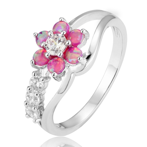 

925 Silver Women Opal Flower Ring Jewelry, Ring Size:6(Pink)