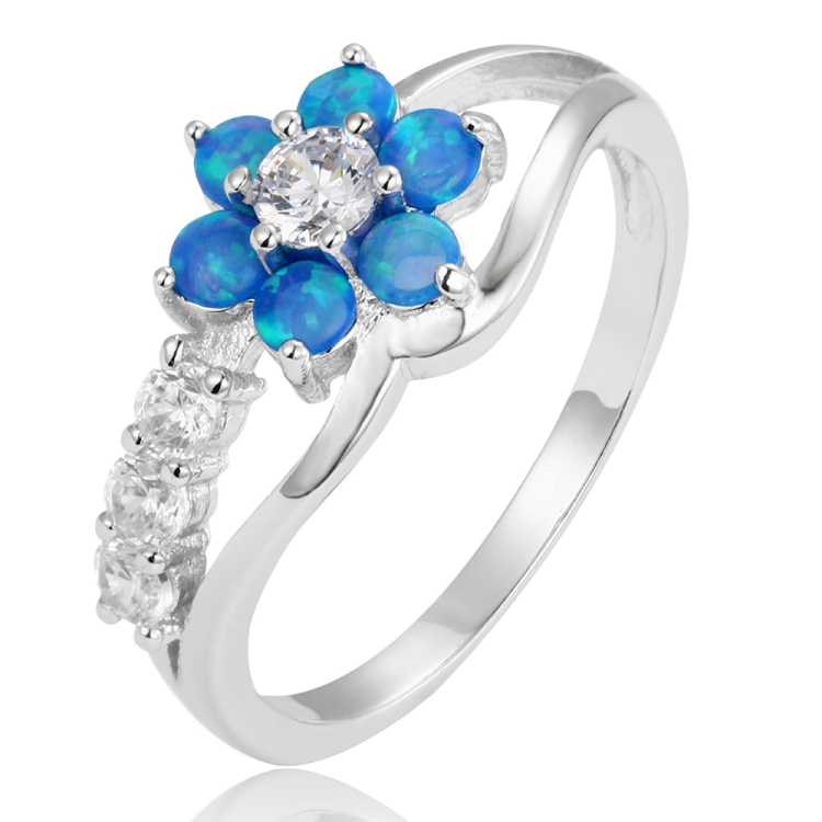 

925 Silver Women Opal Flower Ring Jewelry, Ring Size:7(Blue)