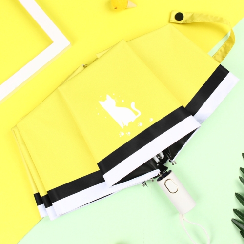 

Small Fresh Three-Fold Automatic Black Rubber Sunscreen Umbrella Cartoon Cat Sunny Rain Umbrella(Yellow)