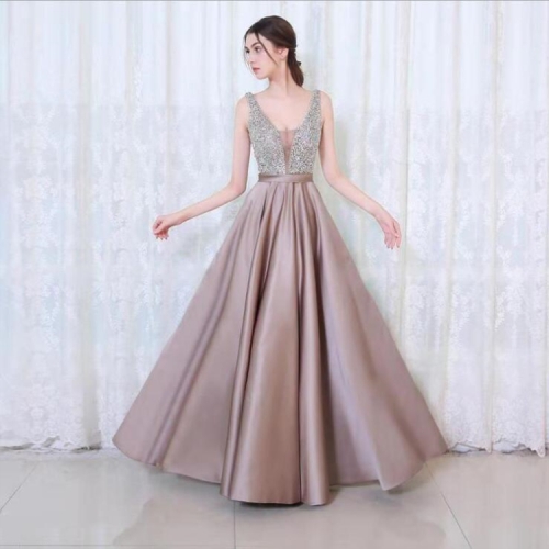 

V-neck Sequin Dress Banquet Annual Evening Dress, Size:L(Apricot)