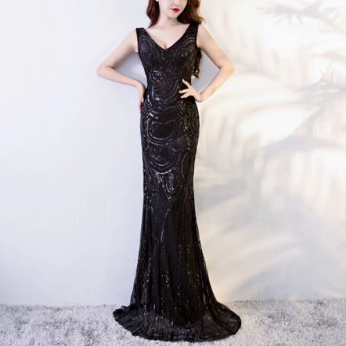 

2 PCS Mermaid Evening Gown Party Occasion Formal Long Prom Dresses, Size:L(Black)