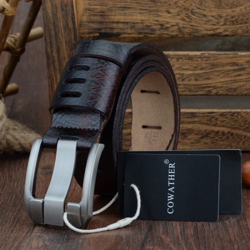 

COWATHER QSK001 Men Casual Fashion Two-Layer Leather Pin Buckle Belt,Length： 115cm(Coffee Color)
