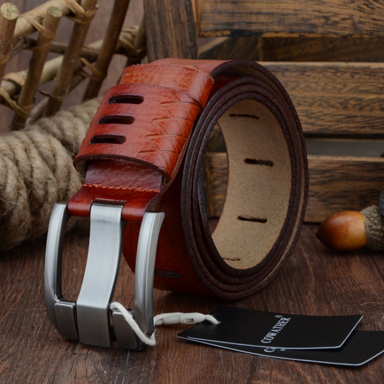 

COWATHER QSK001 Men Casual Fashion Two-Layer Leather Pin Buckle Belt,Length： 130cm(Brown)