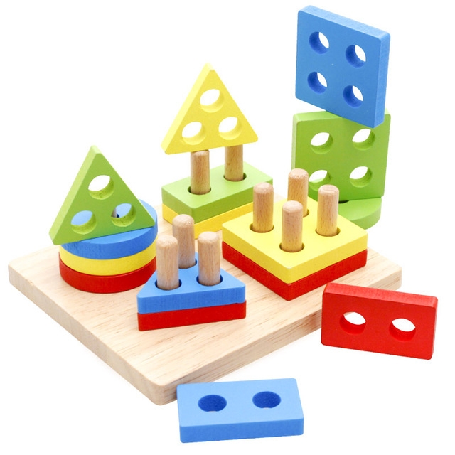 

Rainbow Wooden Geometric Shape Building Blocks Children Educational Toys