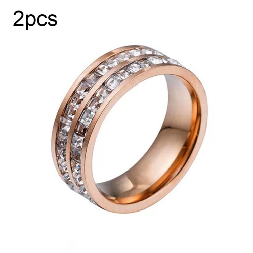 

2 PCS Girls Simple Titanium Steel Diamond Ring, Size: US Size 9(Double Row Rose Gold)