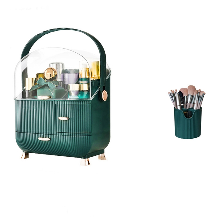 

Cosmetic Storage Box Household Desktop Dustproof Large-Capacity Lipstick Skin Care Product Rack, Colour: Green + Pen Brush
