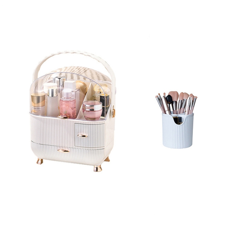 

Cosmetic Storage Box Household Desktop Dustproof Large-Capacity Lipstick Skin Care Product Rack, Colour: White + Pen Brush