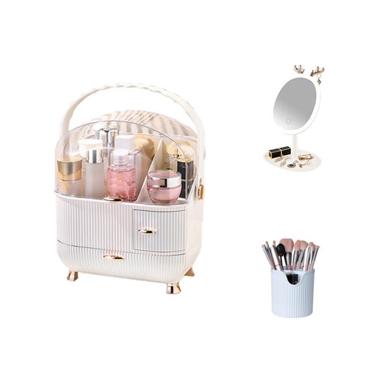 

Cosmetic Storage Box Household Desktop Dustproof Large-Capacity Lipstick Skin Care Product Rack, Colour: White + Pen Brush + Mirror